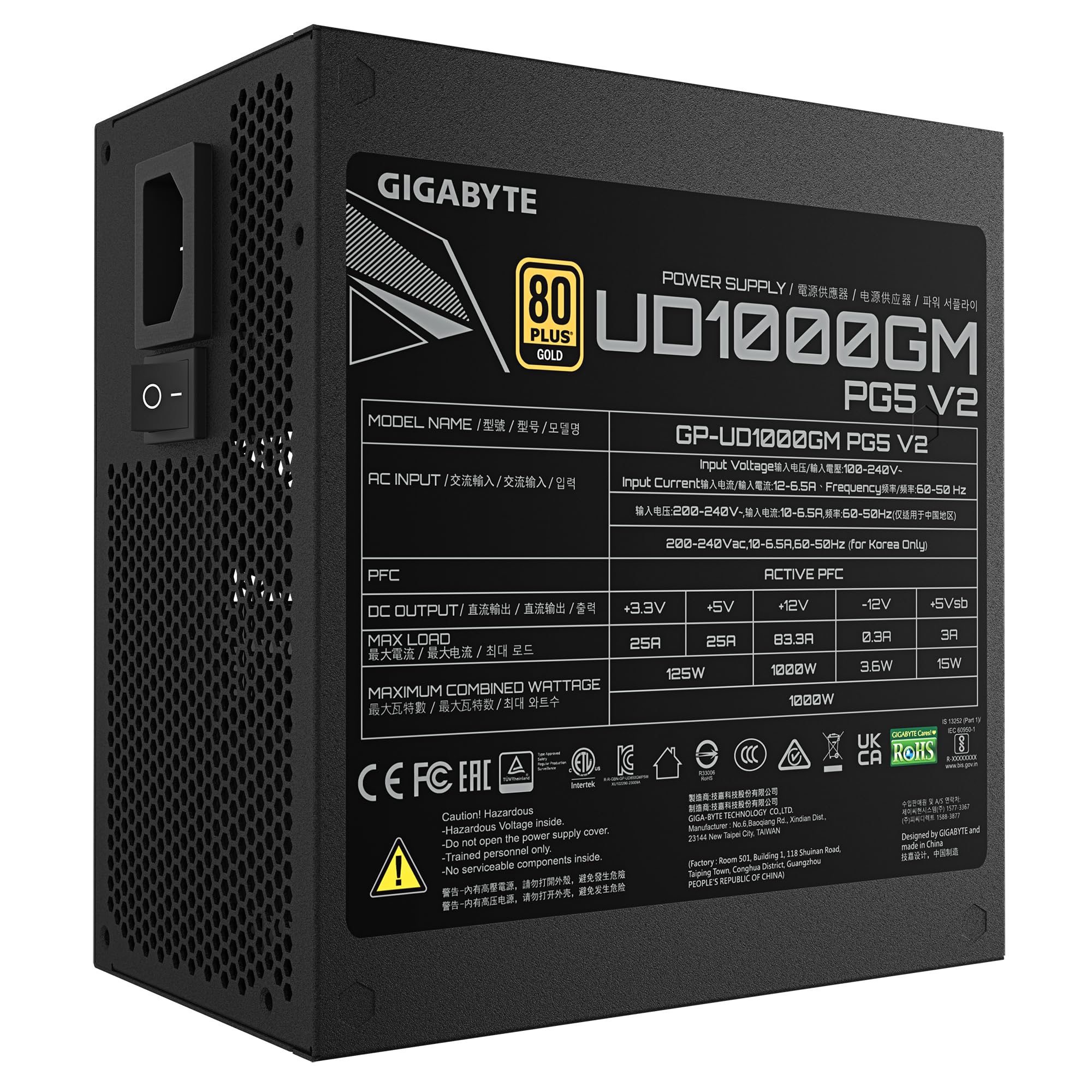 Gigabyte Ud1000Gm Pg5 V2 Power Supply Unit- Pcie Gen 5.1, 80 Plus Gold, Fully Modular Design, 120Mm Fan, Atx 3.1 Compatible, Uk Plug - View 6