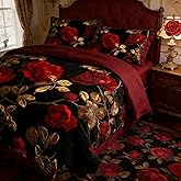 CCoutueChen Black Red Roses Comforter Set King Size, Vintage Gothic Floral Bedding on Burgundy Backround - 3Pcs Romantic Microfiber Quilted Set with 2 Pillowcases for All Season, 104"x90"