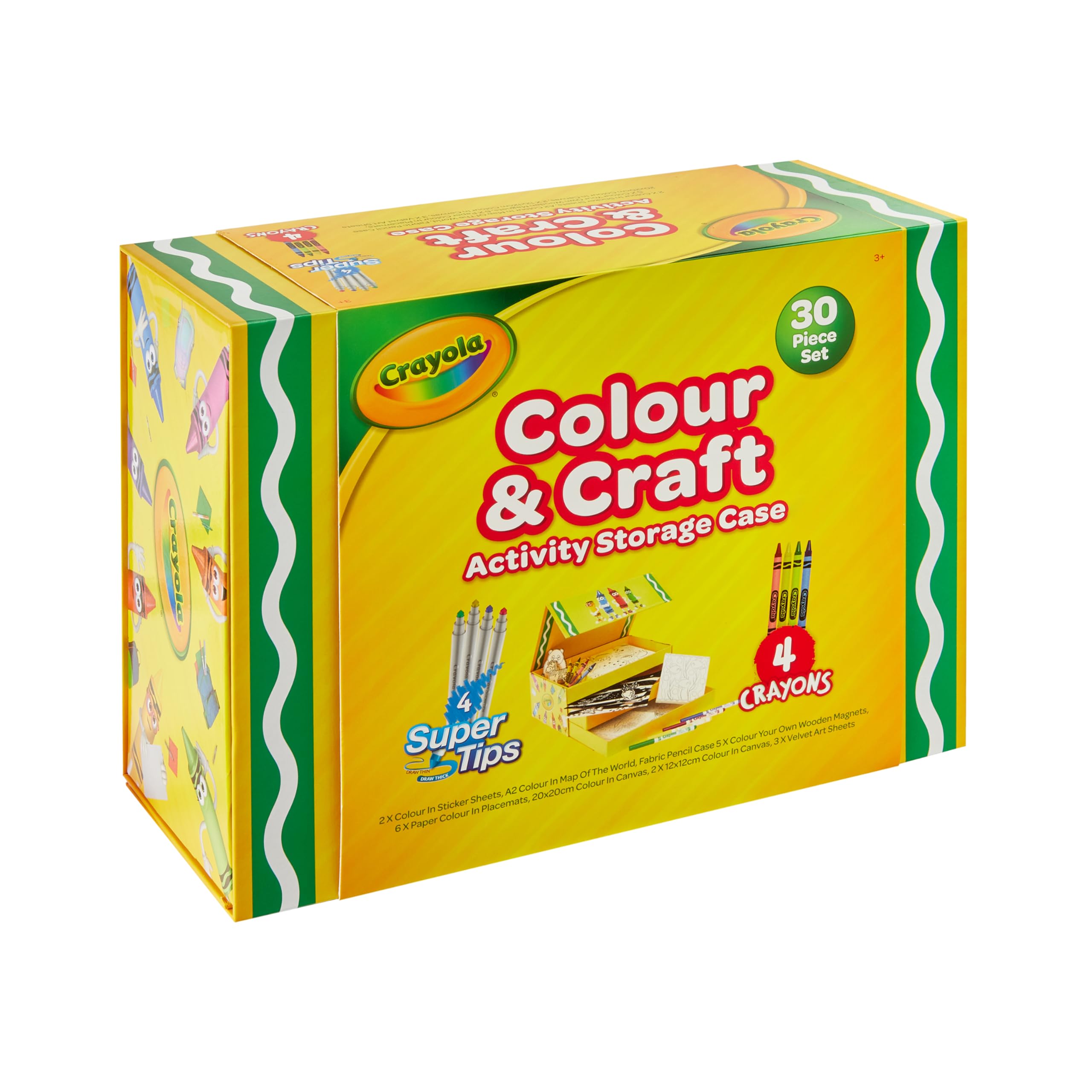 Crayola Big Activity Box Art Case with 30 Creative Pieces - Colour-In Canvas, World Map, Wooden Magnets & Velvet Sheets - Complete Craft Set for Kids with Pencil Case, Crayons & Markers for Ages 3+