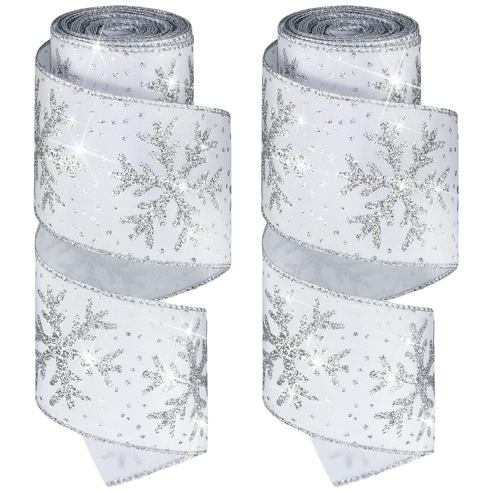 Xinnun Christmas Snowflake Wired Ribbon 2.5 Inches 2 Rolls Satin Glittered Snowflake Wired Edge Christmas Ribbon for Tree Gift Wrapping Home Decorations Bow DIY Craft(12 Yard,White, Silver) — image 1