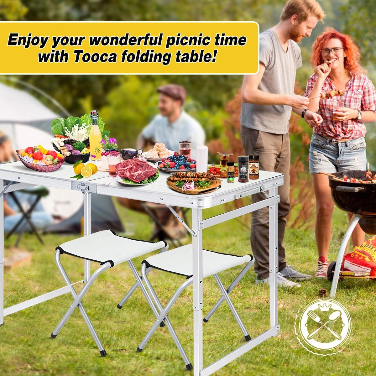 TOOCA Folding Table 4ft Aluminum Folding Camping Table Portable Picnic Table with 2 Chairs, Heights Adjustable Legs Collapsible Table for Indoor Outdoor, Picnic, Camping, Party and BBQ : Garden & Outdoor