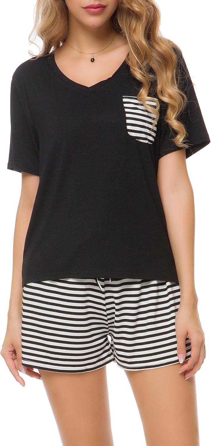 Invug Women Nightwear Short Sleeve Shirt and Shorts Pajama Set V Neck Sleepwear at  Women’s Clothing store