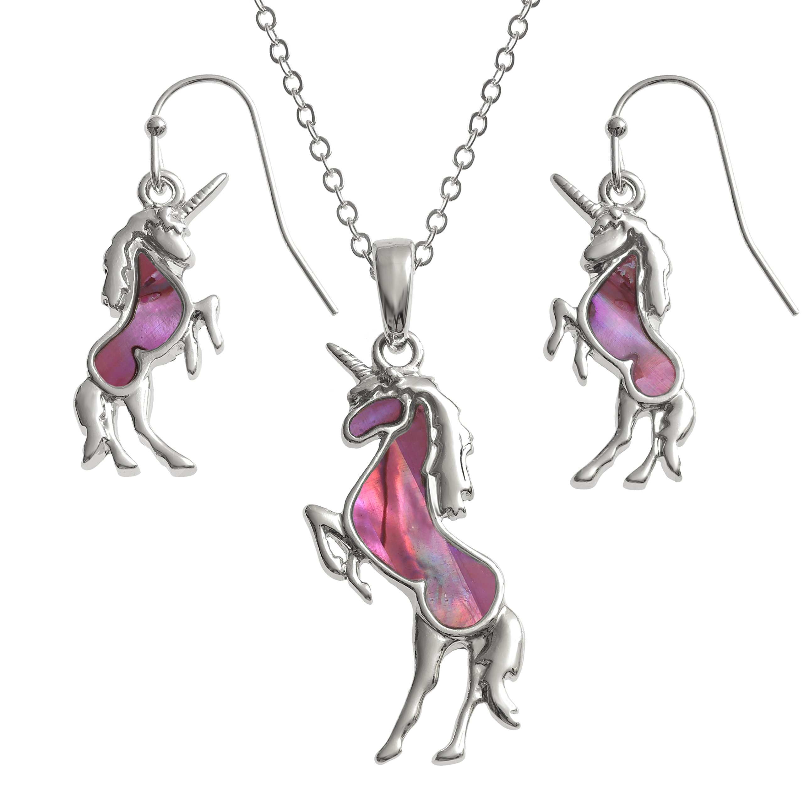 Kiara Jewellery Unicorn Boxed Set of Pendant Inlaid With Natural pink Paua Abalone Shell on 18" Trace Chain Together With Matching Hypoallergenic Rhodium plated Earrings.