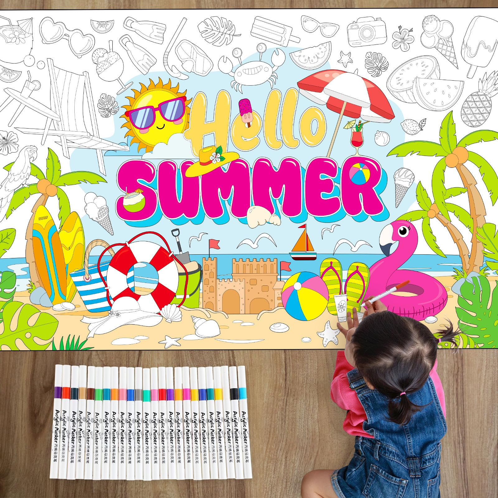 Photo 1 of Faccito Summer Coloring Poster with 24 Watercolor Markers 50.4 x 31.5 Inch Giant Coloring Poster Jumbo Hello Summer Craft Coloring Banner Table Cover for Summer Pool Birthday Activity Party Supplies