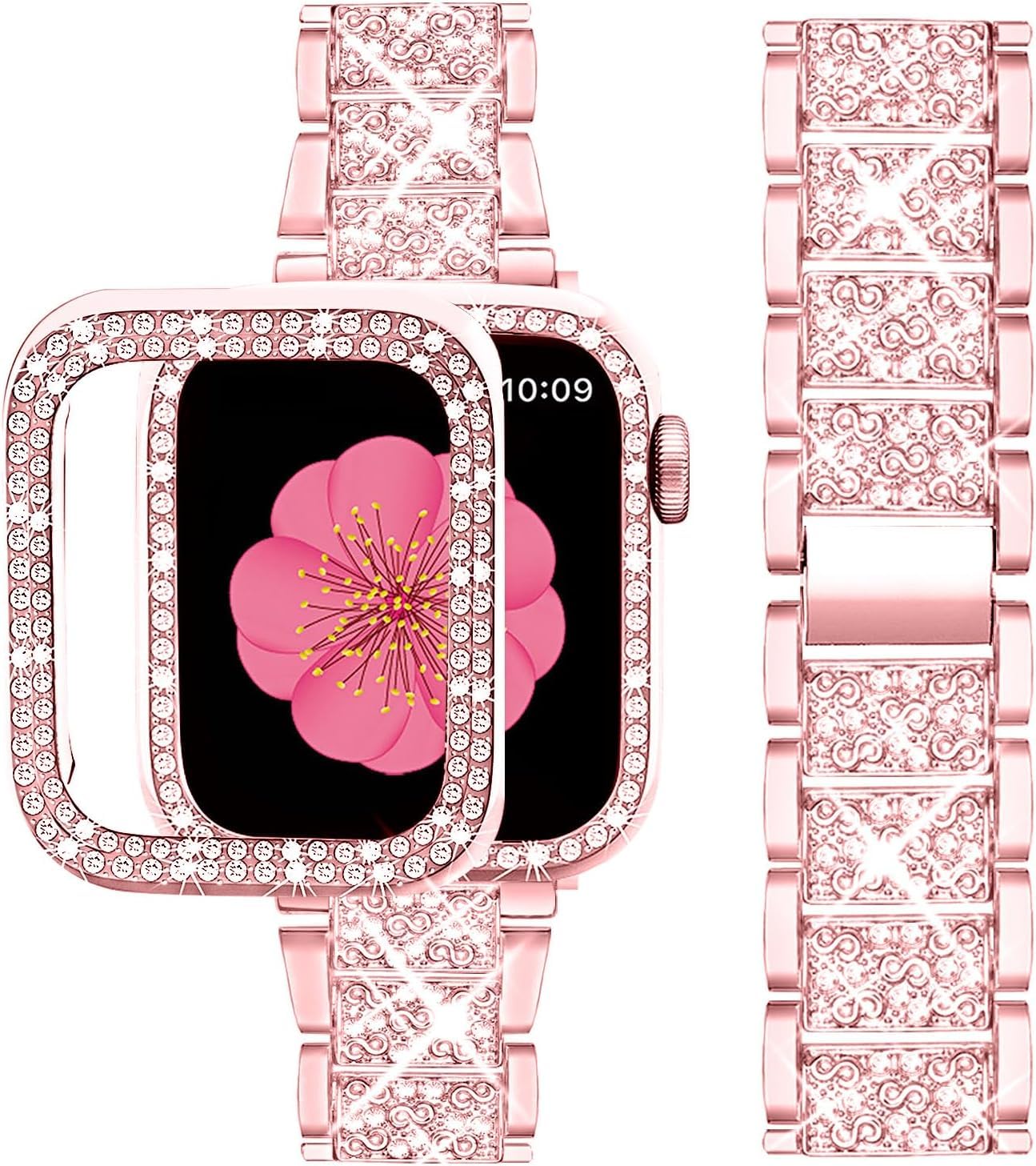 Photo 1 of SUPOIX Compatible with Apple Watch Band S11 S10 46mm + Case, Women Jewelry Bling Diamond Metal Strap & 2P Cover Cases for iWatch Series 11/10(Rose Pink,46mm)