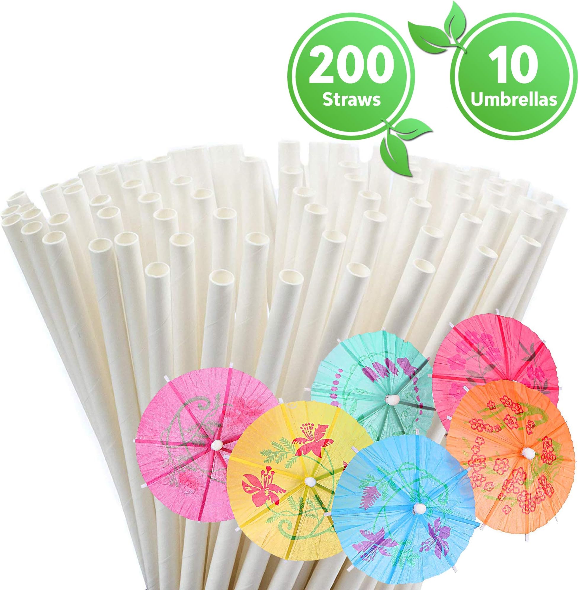 Paper Straws Biodegradable – Eco Friendly Straws – Box of 200 – Also Includes 10 Paper Cocktail Umbrellas - Drinking Straws for Smoothies, Juices and Party (White Paper Straws + Paper Umbrellas)