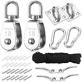 2 Sets M15 Cable Pulley System for Heavy Duty Lifting with 66FT Nylon Rope | Stainless Steel Single Pulley Block,Hanging Nylon Rope Pulley Wheel,Snap Hooks, Eye Pad Plate, Rope Cleat Hook, Loading 77lb