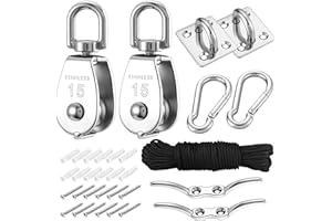 Mornajina 2 Sets M15 Cable Pulley System for Lifting Hanging, Including Heavy Duty Stainless Steel Single Pulley Block with 66FT Nylon Rope, Snap Hooks, Eye Pad Plate, Rope Cleat Hook, Loading 77lb