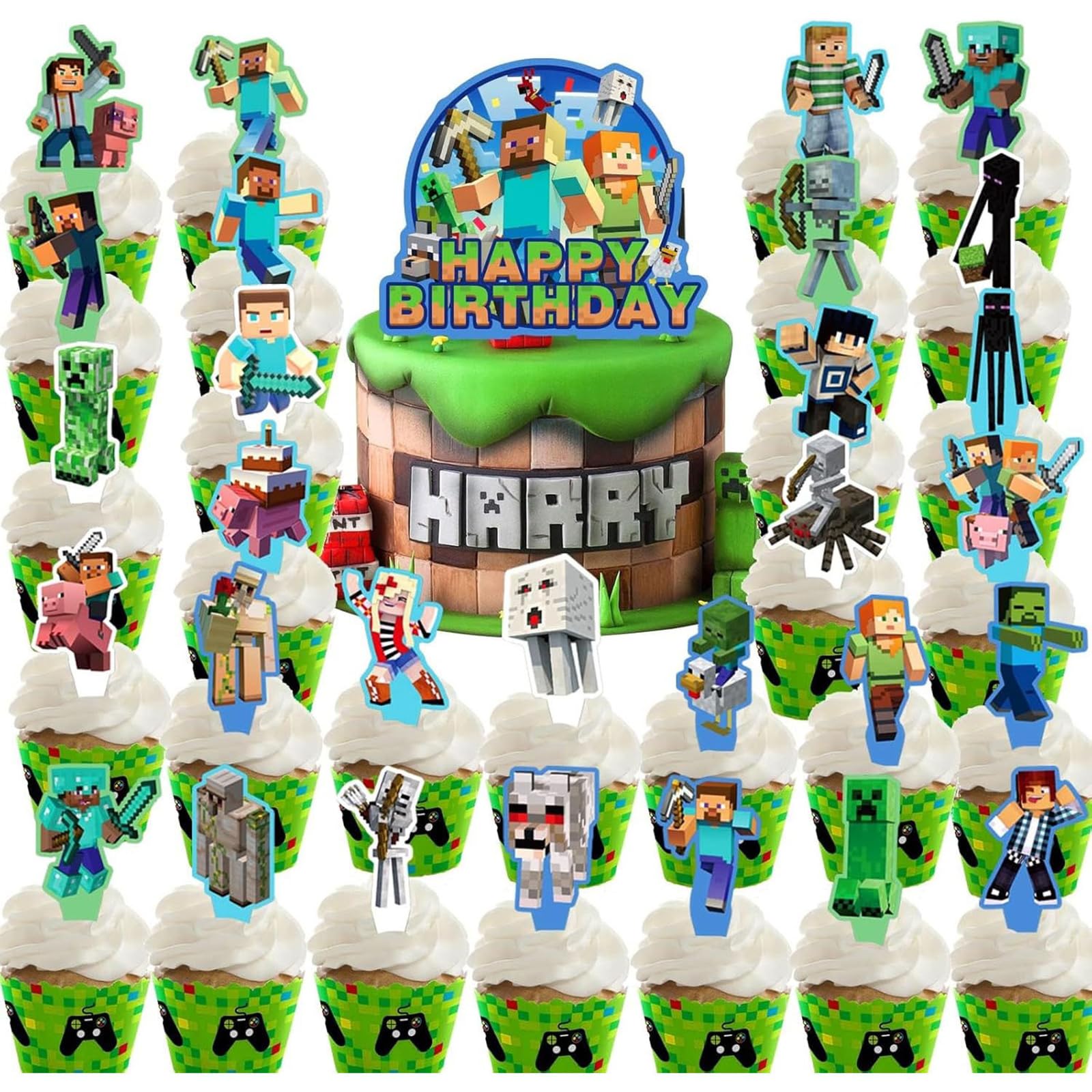 Photo 1 of 30 Pcs Pixel Styled Gamer Cake Decorations, Happy Birthday Cake Topper, Party Supplies for Boys & Girls