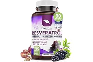 BIODORA Resveratrol 1600mg - 180 Capsules | Trans-Resveratrol Antioxidant Supplement with Natural Green Tea, Grape Seed Polyphenols & Quercetin, Supports Digestive, Heart Health, Immune System, Brain Function