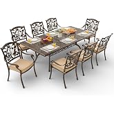 Attliahome 9-Piece Cast Aluminum Outdoor Dining Set, 87" Rectangular Antique Bronze Patio Table &amp; 8 Stackable Chairs with Cushions, Rustproof Strawberry &amp; Leaf Design with 2" Umbrella Hole