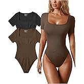 OQQ Women's 2 Piece Bodysuits Sexy Ribbed One Piece Square Neck Short Sleeve Bodysuits
