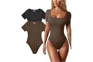 OQQ Women's 2 Piece Bodysuits Sexy Ribbed One Piece Square Neck Short Sleeve Bodysuits