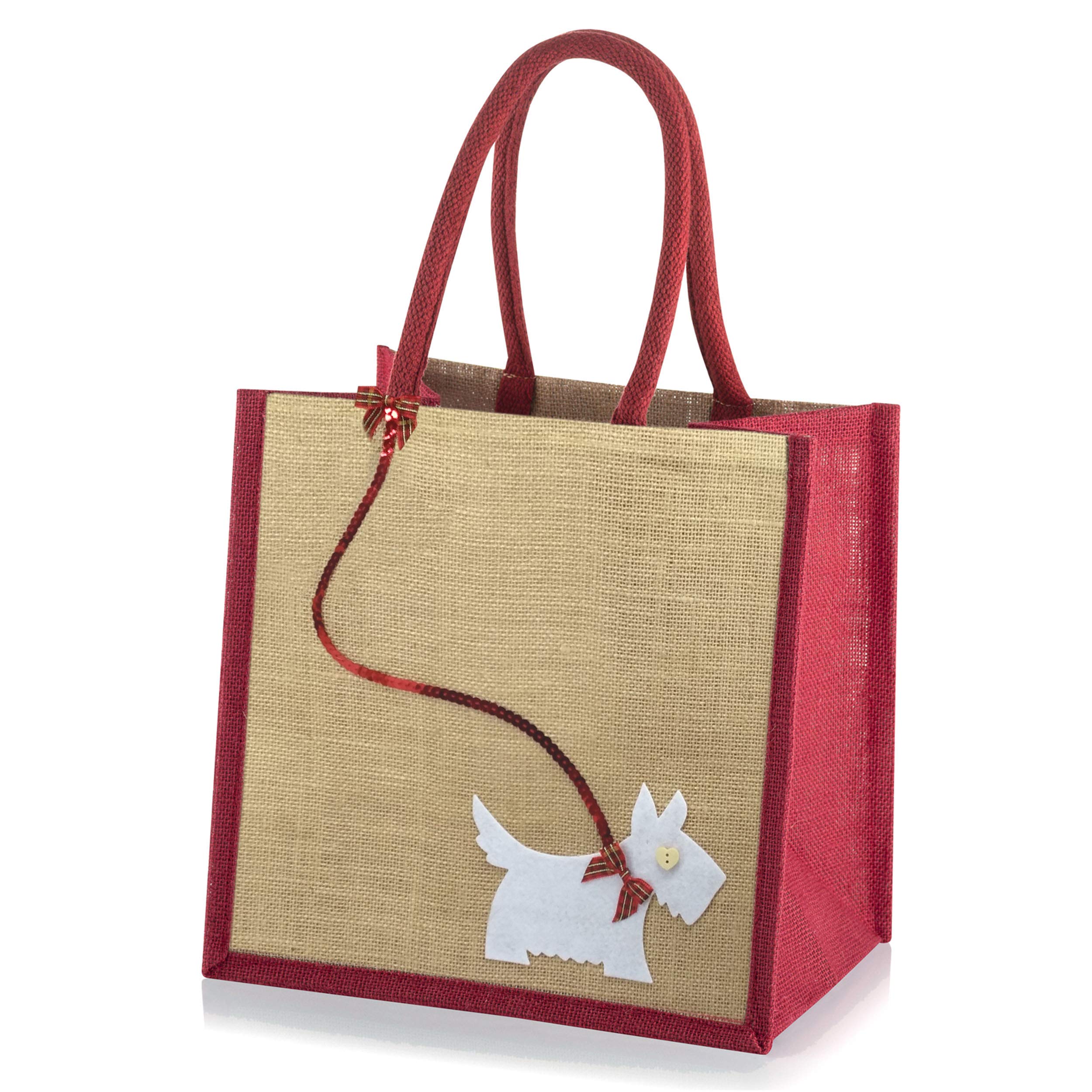 Jute Hessian Medium Red Trim Shopping Bag - Scottie Dog on Sequin Lead 30x30x20cm (Red)