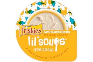Purina Friskies Natural, Grain Free Wet Cat Food Lickable Cat Treats, Lil' Soups Flaked Chicken - (Pack of 8) 1.2 oz. Tubs
