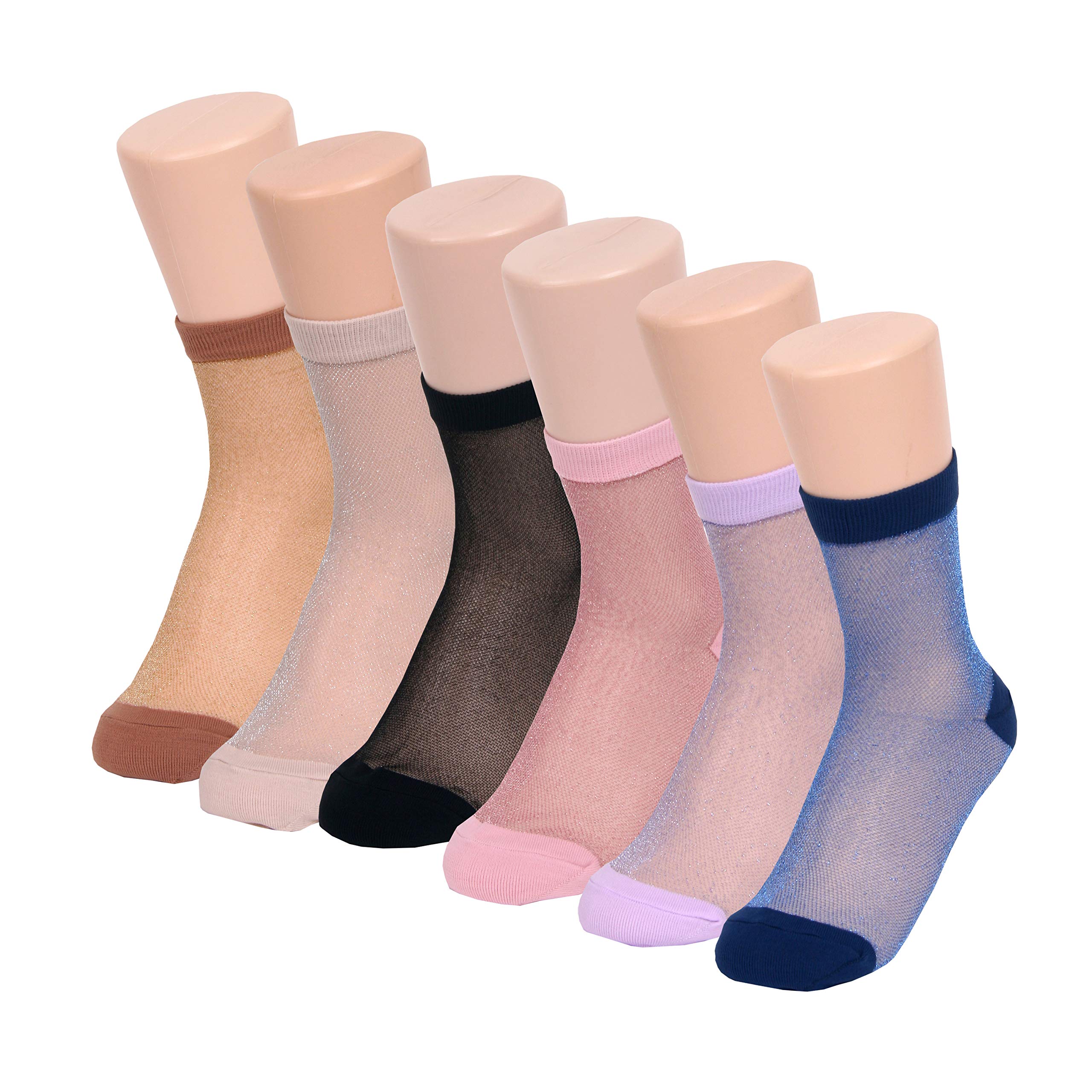 6 Pairs Glitter Sheer Mesh Transparent Socks Women - Ultrathin See Through Lace Elastic Ankle Socks