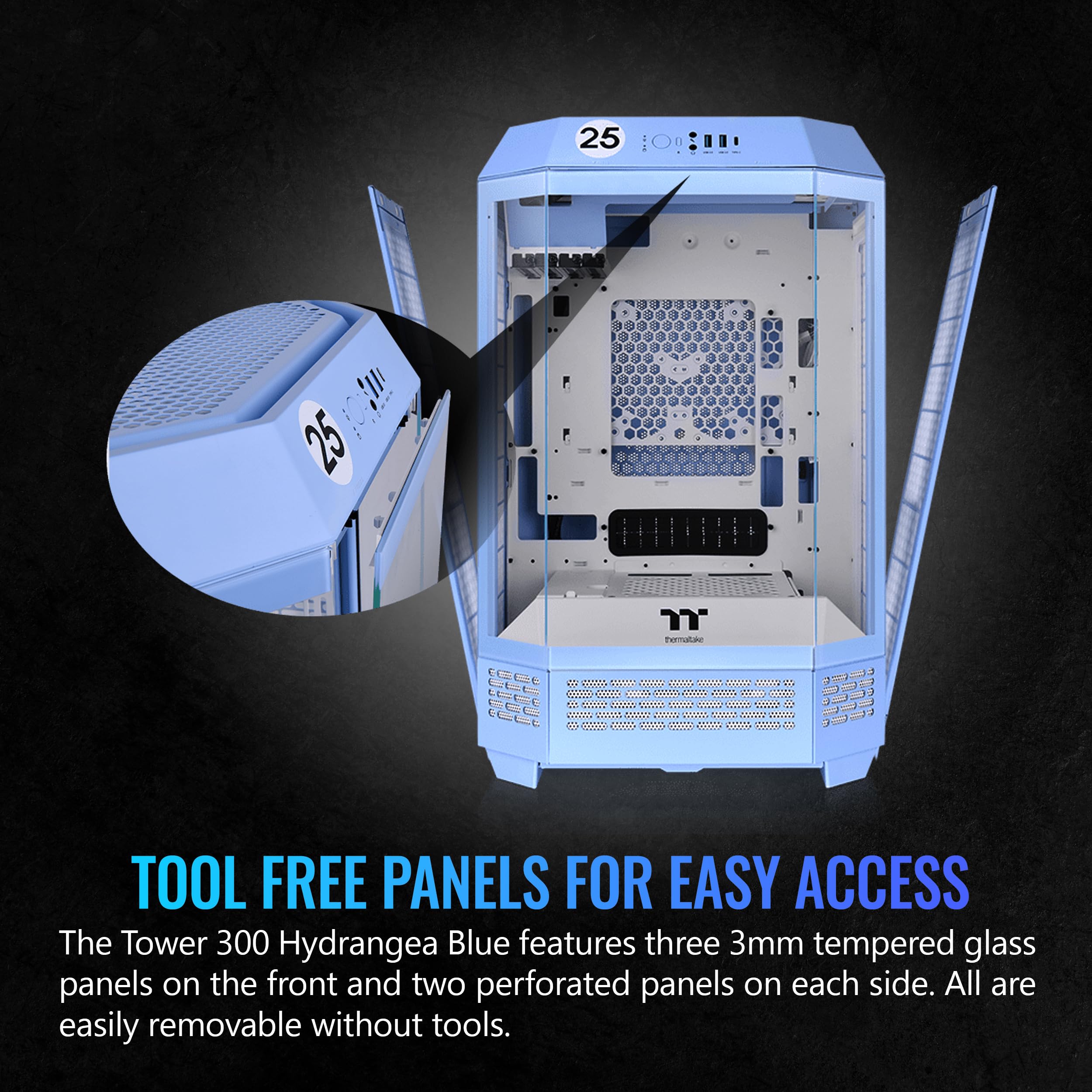 Thermaltake Tower 300 Hydrangea Blue Micro-ATX Case; 2x140mm CT Fan Included; Support Up to 420mm Radiator; Optional Chassis Stand Kit Allows Horizontal Display; CA-1Y4-00SFWN-00; 3 Year Warranty