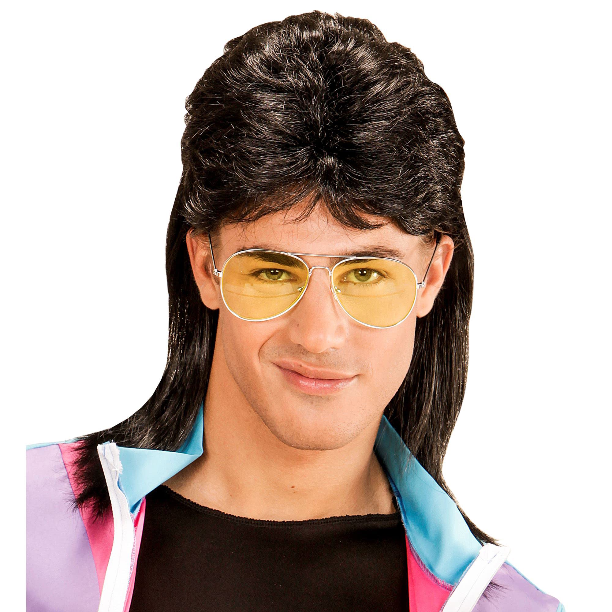 Widmann 80s Wig with Matching Glasses - Black Curly Mullet Wig for Retro Costumes & 80s Themed-Parties