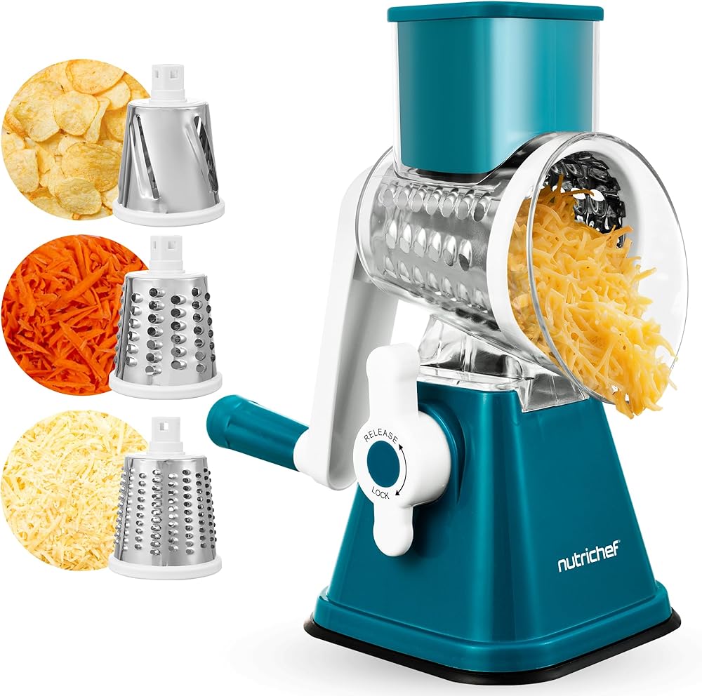 Nutrichef 3 in 1 Cheese Grater &amp; Shredder | Strong Suction Base, Rotary Handle with Safety Lock | Includes Hand Crank &amp; 3 Dru
