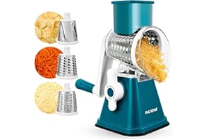 Nutrichef 3 in 1 Cheese Grater & Shredder | Strong Suction Base, Rotary Handle with Safety Lock | Includes Hand Crank & 3 Dru