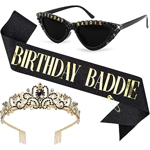 Jaciya Birthday Baddie Black Glitter Sash Black Rhinestone Tiara Sunglasses | Birthday Baddie Decorations for Women Sash, Cro