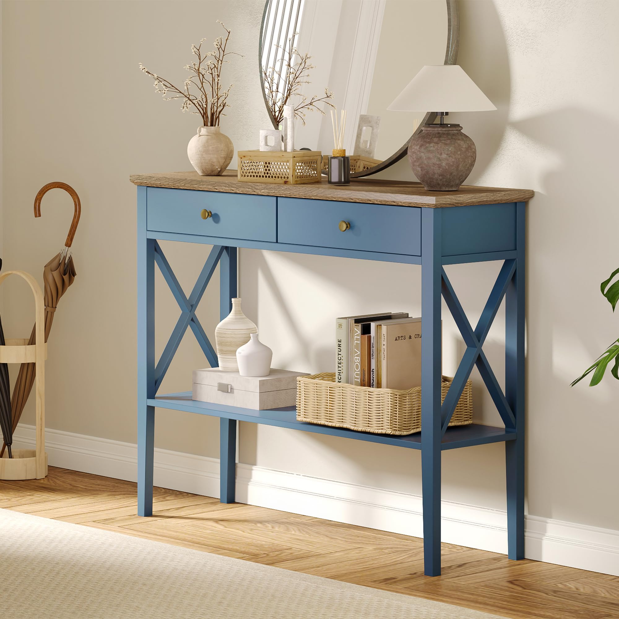 Photo 1 of ***MISSING HARDFWARE**** ChooChoo Console Table with Drawers, Narrow Wood Accent Sofa Table Entryway Table with Storage Shelf for Entryway, Front Hall, Hallway, Living Room, Blue