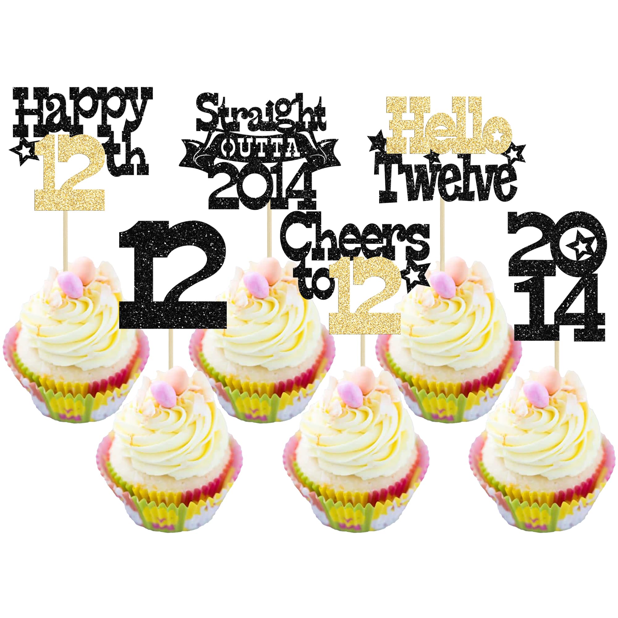 Ephlyn 30Pcs Straight Outta 2014 Cupcake Toppers Glitter Twelve Happy 12th Birthday Cupcake Picks Cheers to 12 Years Cake Decorations for 12th Birthday Party Supplies Black Gold — image 1