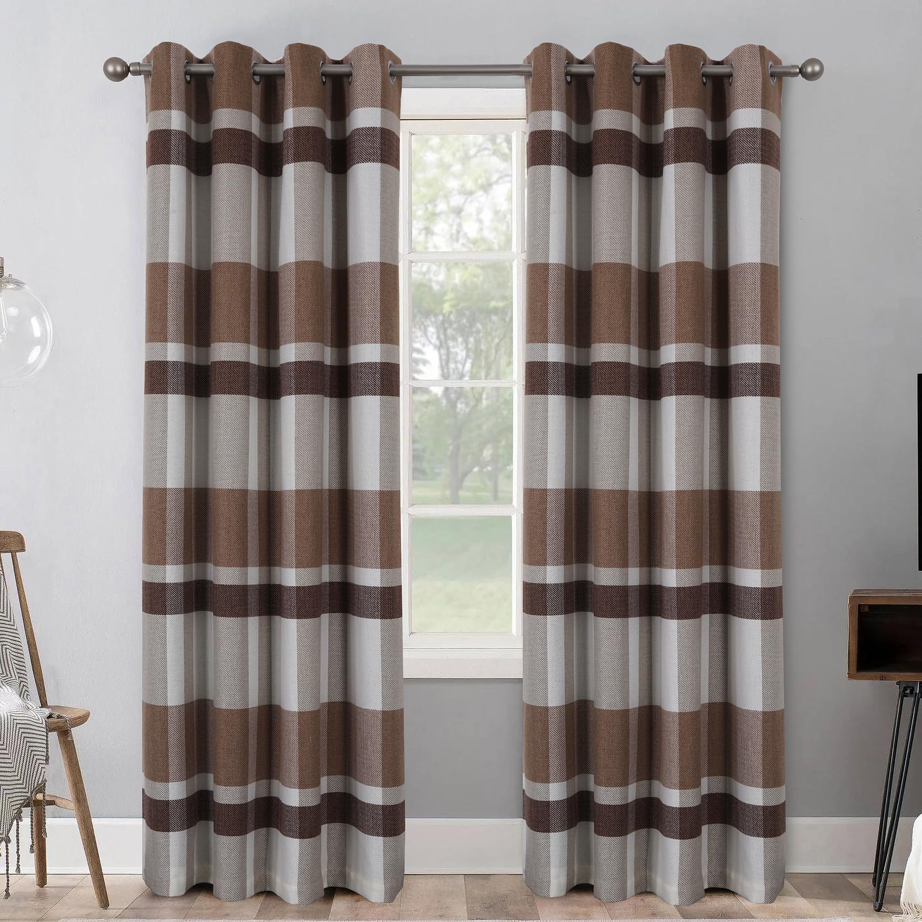 always4u 100% Blackout Curtains Check Eyelet Bedroom Tartan Curtain Plaid Woven Brushed Cheque Pair of Highland Woolen Look Window Treatment for Living Room Brown 66 * 90 Inches