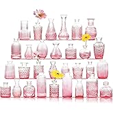 TCooSo Pink Glass Bud Vase Set of 30, Small Flower Vases in Bulk, Mini Vintage Vases for Centerpieces, Home, Parties, Wedding Table Decoration (30 Pack)