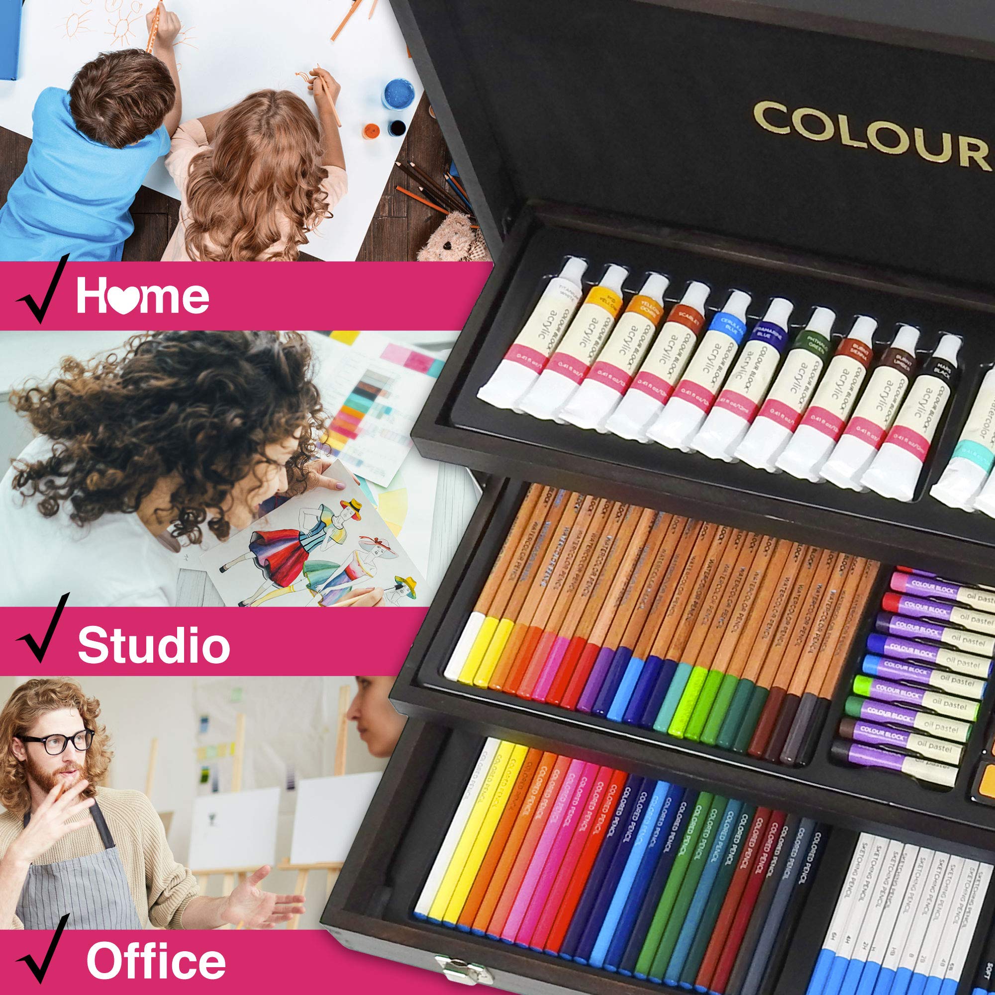 COLOUR BLOCK 181 pc Mixed Media Art Set in Exquisite Wooden Case - Acrylic & Water color Paints, Sketching, Colored Pencils, Soft & Oil Pastels