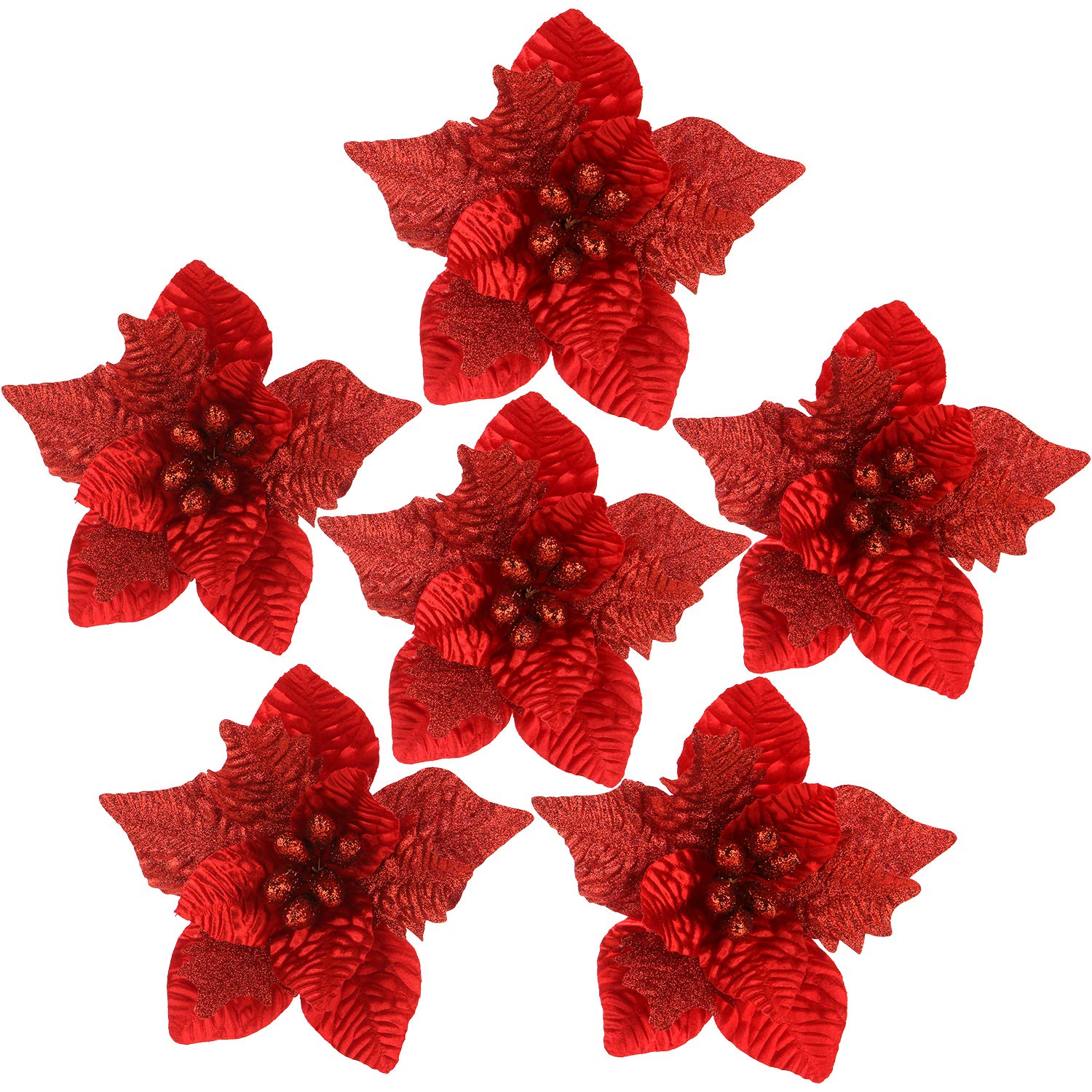 Sea Team 6-Pack Artificial Glitter Poinsettia Christmas Flower Ornaments Tree Decorations, 10-inch, Red