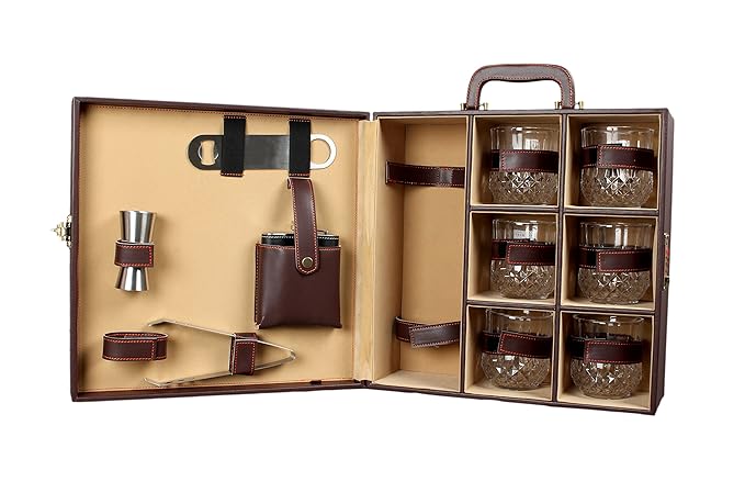 Telconi Bar Accessories | Mega Bar Set | Portable Leatherette Briefcase Bar Set | Bar Set | Bar Set for Picnic | bar Set for Travel | Bar Set for car | Whiskey Glasses