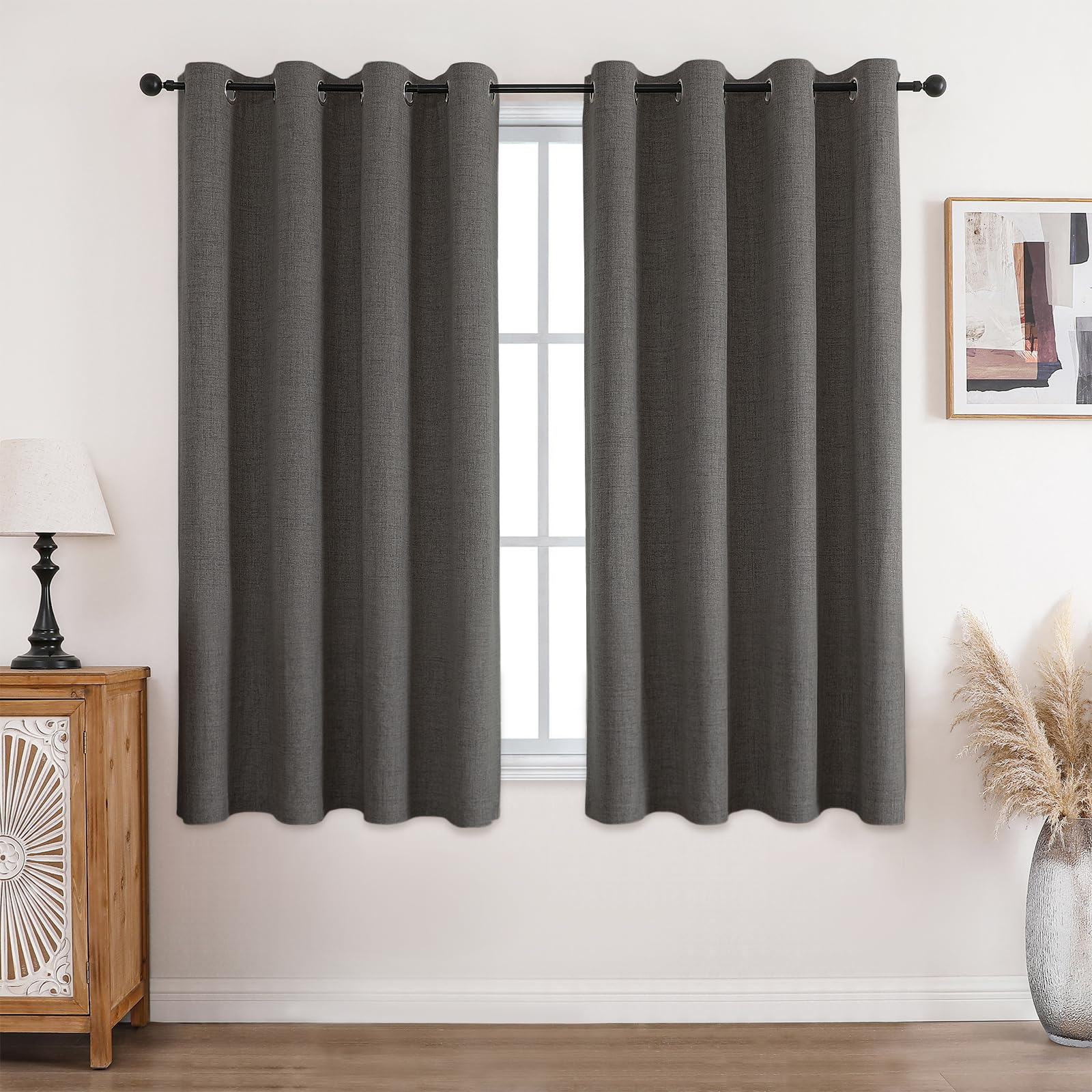 CUCRAF 100% Blackout Curtains Grey Thermal Curtains 54 Inch Drop 2 Panels Soft Texture Energy Saving Sun Blocking Eyelet Curtains for Bedroom Living Room 46 X 54 Inch