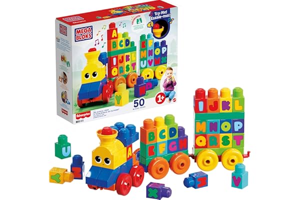 MEGA BLOKS First Builders Toddler Building Blocks Toy Set, ABC Musical Train with 50 Pieces, Music and Sounds, Ages 1+ Years