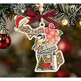 AlvaradoDesign Michigan State Christmas Wooden Ornament - State USA Ornament - Moving to Michigan Gift - Travel Gift - 2 Layer Laser Cut Wooden Ornament