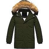 CREATMO US Boy's Sherpa Long Parka Winter Coat Thicken Water Repellent Puffer Jacket With Removable Faux Fur Hood