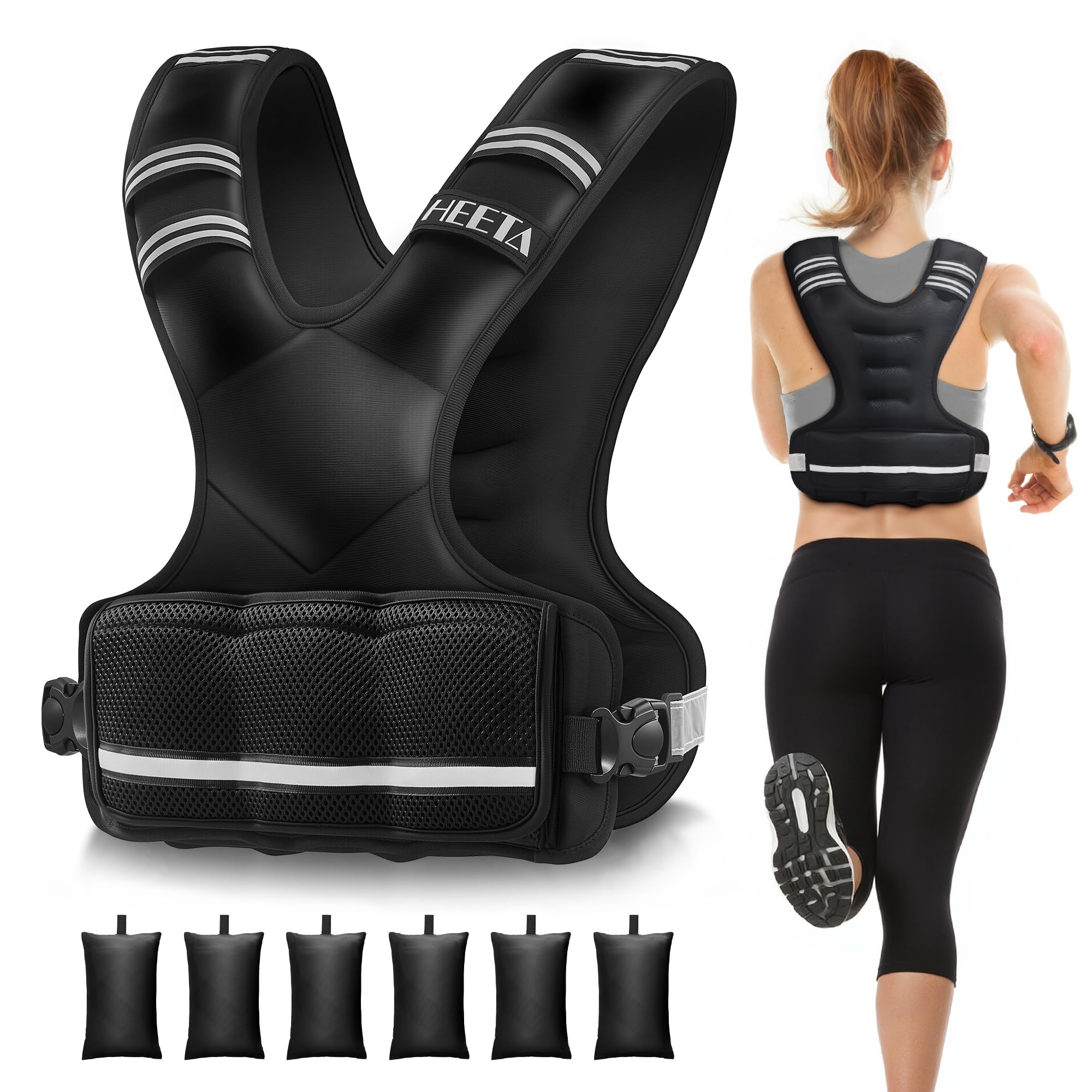 Photo 1 of HEETA Adjustable Weighted Vest for Women Men, 10-18lbs Body Weight Vest Exercise Set with 6 Ironsand Weights & Reflective Strips for Walking Running Workout Cardio Strength Training
