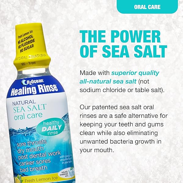 H2OCEAN HEALING RINSE NATURAL SEA SALT ORAL CARE – MOUTH RINSE FOR ORAL CARE – GREAT FOR PIERCINGS, SORE THROATS & GUM HEALTH – ALCOHOL- & FLUORIDE-FREE MOUTHWASH – LEMON ICE, 16 OZ