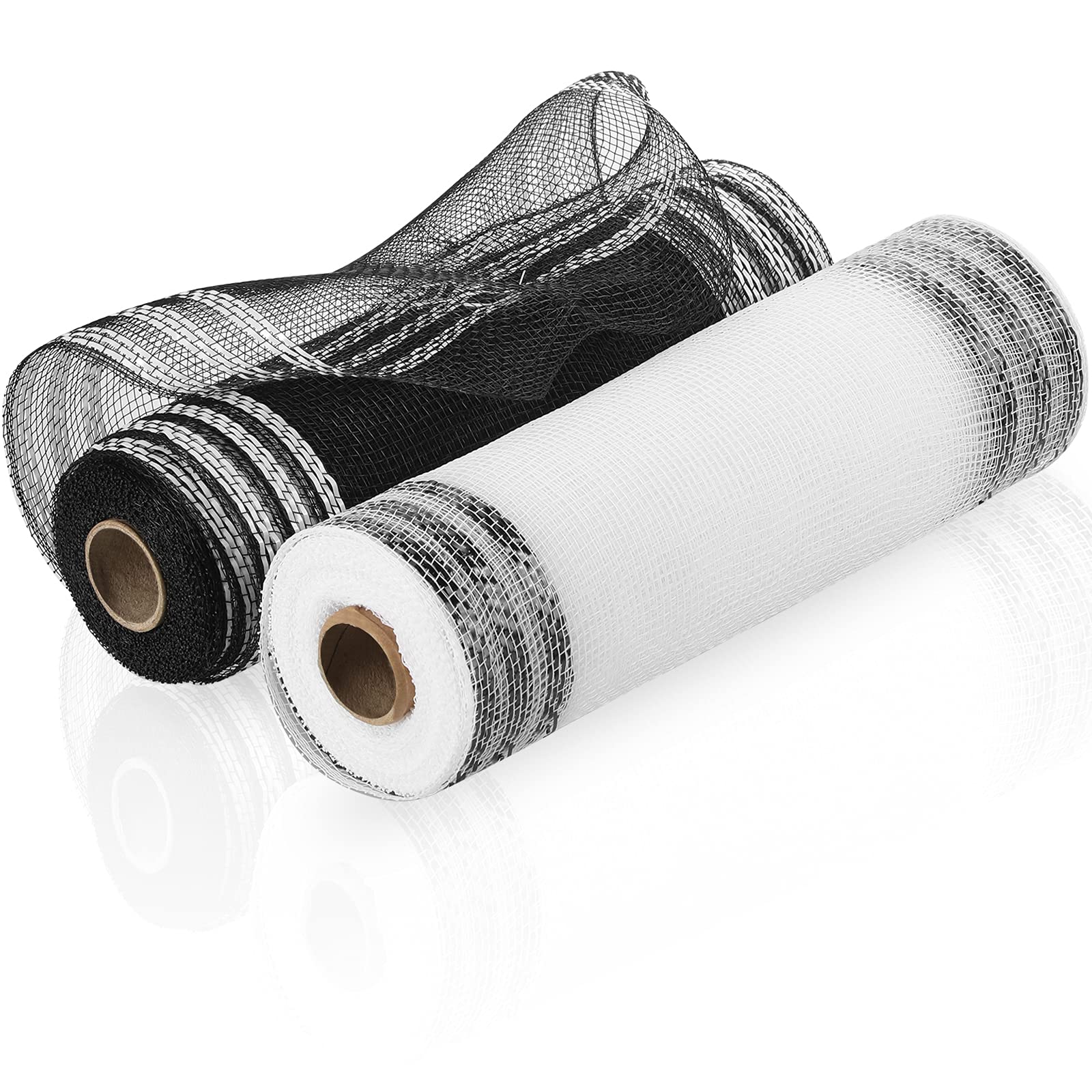 Juexica 2 Rolls mesh for Wreath Metallic Poly mesh Ribbon Border Stripe Emerald Ribbon swags Bows Wrapping & Decorating Projects for Door Decoration DIY Crafts Making Supplies, 10 Yard (Black, White)