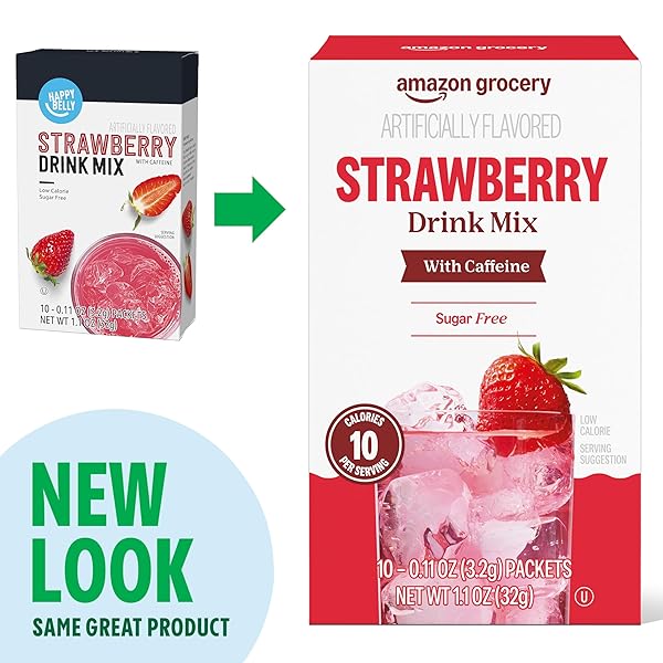AMAZON GROCERY, STRAWBERRY DRINK MIX WITH CAFFEINE, 10 PACKETS, 1.1 OZ