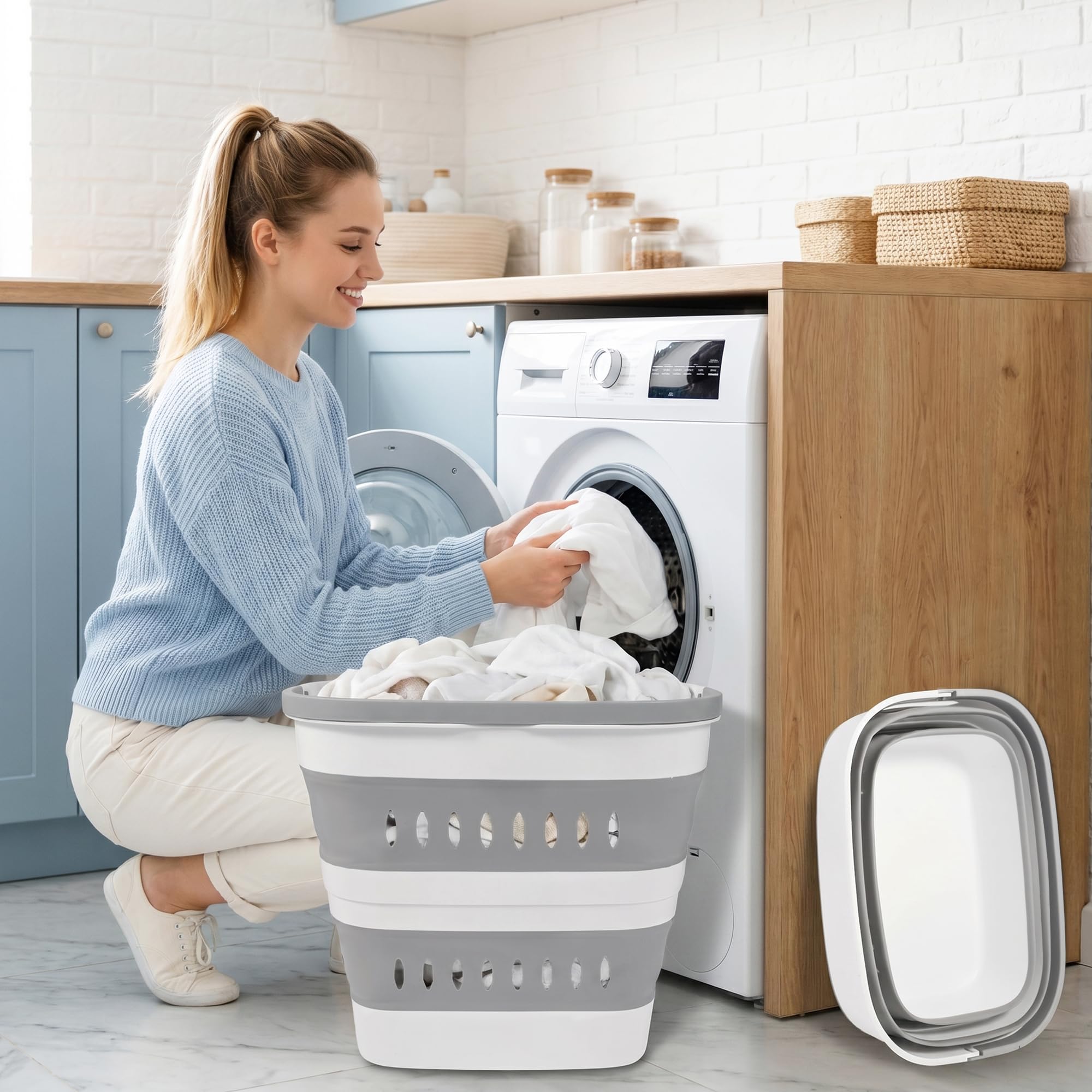 Condition photo showing As Is for 46l/12 gal collapsible laundry baskets, foldable hamper with handles, plastic pop up storage contain