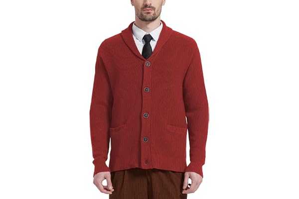 KALLSPIN Men's Wool Blend Shawl Collar Heavyweight Cardigan Sweater | Thick Button Down Cardigan with Pocket Ribbed Cuffs Sma