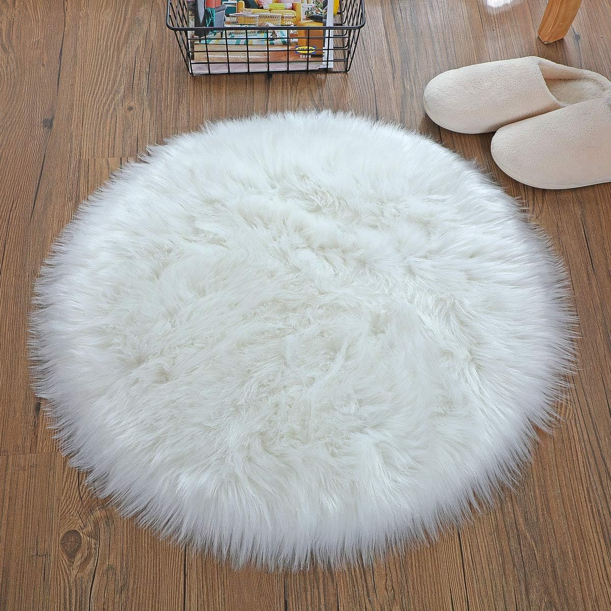 KAIHONG Faux Fur Sheepskin Style Rug,Faux Fleece Chair Cover Seat Pad Soft Fluffy Shaggy Area Rugs For Bedroom Sofa Floor (Round White - Image 4