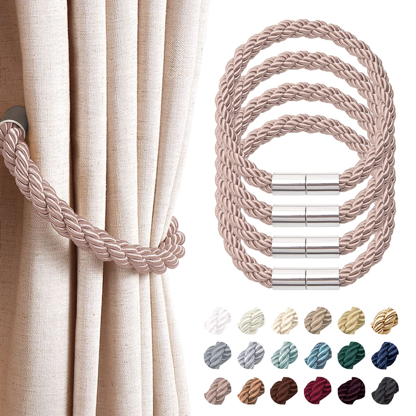 Pretty Jolly 4 Pack Strong Magnetic Curtain Tiebacks Modern Simple Style Drape Tie Backs Convenient Decorative Weave Rope Curtain Holdback for Thin or Thick Home & Office Window Drapery (Grey Coffee)