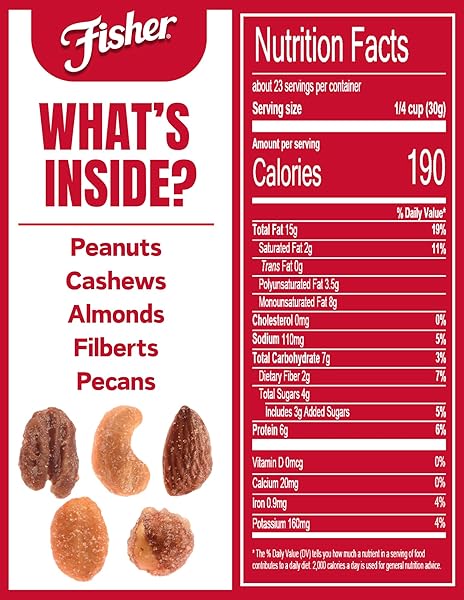 FISHER SNACK HONEY ROASTED MIXED NUTS WITH PEANUTS, 24 OUNCES, PEANUTS, CASHEWS, ALMONDS, FILBERTS, PECANS