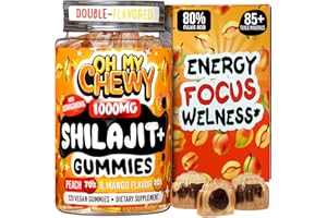 OH MY CHEWY Pure Himalayan Shilajit Gummies - High Potency Gold Grade Resin - Energy Boost and Immune Support for Men and Women with Ashwagandha and Shatavari - 120 Gummy - Peach & Mango