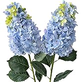JINWOE Blue Artificial Hydrangeas Silk Flowers, 2Pcs 31.5" Full Large Lifelike Panicled Hydrangea Artificial Flowers for Decoration, Fake Spring Flower with Tall Vase for Bouquets Home Kitchen Table