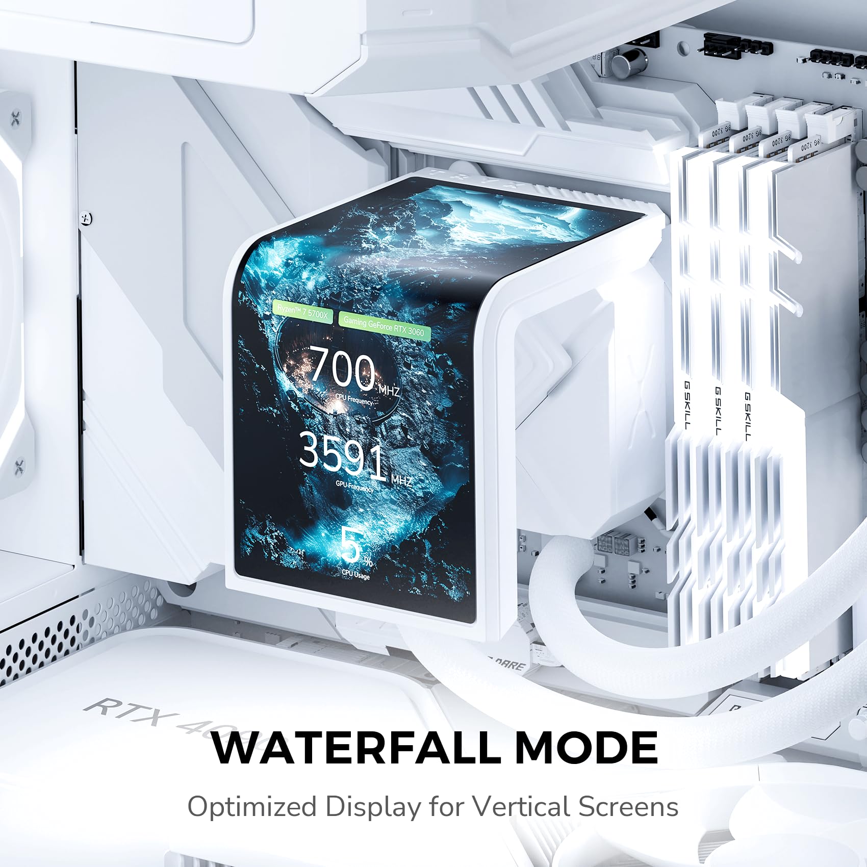 TRYX PANORAMA SE 360 ARGB White 360mm AIO Rotatable 6.67'' AMOLED Curved Screen 3D Anamorphic Effect Customizable AIO Cooler 360mm White Asetek Adela 280w TDP Intel LGA 1851/1700/1200/115X AMD AM5/AM4