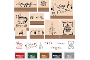 Watersay 14 Pcs Christmas Rubber Stamp and Craft Ink Pad Set 9 Wooden Christmas Rubber Stamps 5 Ink Pad for Craft DIY Card and Scrapbooking (Cute Style)