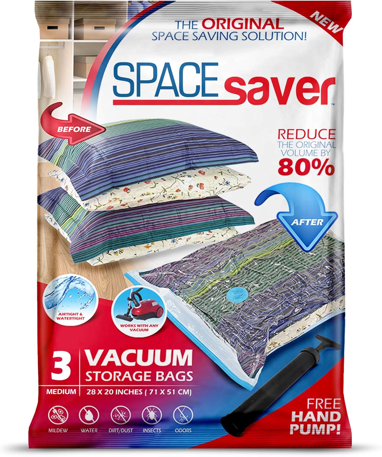 Spacesaver Premium Vacuum Storage Bags 6 Pack (2 x Medium, 2 x Large, 2 x Jumbo) 80% More Storage! Hand-Pump for Travel! Double-Zip Seal and Triple Seal Turbo-Valve for Max Space Saving! (6 Pack): Home & Kitchen
